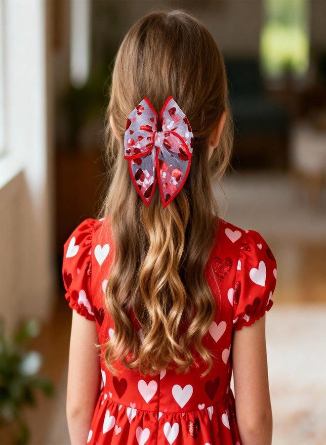 Miroksh Glitter Valentines Shaker Bows Alligator Clips for Girls Women, 2Pcs 4" Red Heart Mesh Tulle Ribbon Fable Bow Hair Barrettes Gift for Kids Birthday Wedding Party Dress Decor Accessory - Image 3
